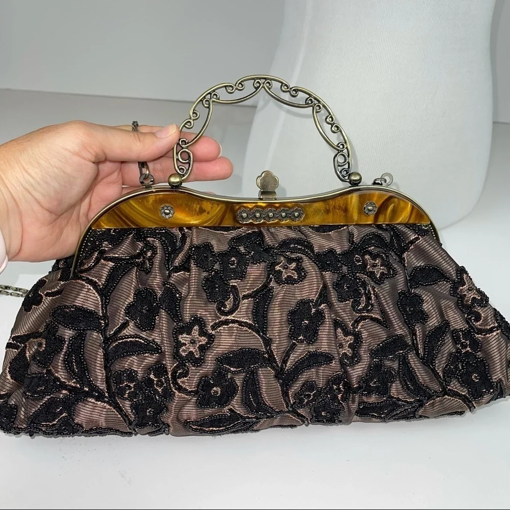 Vintage Inspired Black Gold Beaded Handbag Purse